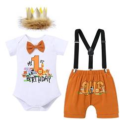 FYMNSI Dschungel Baby Jungen 1. Geburtstag Party Outfit Waldtier Baumwolle Kurzarm Strampler Body Shorts Hosentr?ger K?nig Krone Hut Bekleidungsset Fotoshooting Kost?me 4tlg Braun 6-12 Monate von FYMNSI