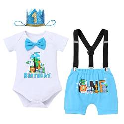 FYMNSI Dschungel Baby Jungen 1. Geburtstag Party Outfit Waldtier Baumwolle Kurzarm Strampler Body Shorts Hosenträger König Krone Hut Bekleidungsset Fotoshooting Kostüme 4tlg Blau 6-12 Monate von FYMNSI