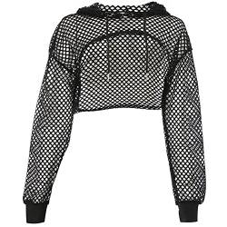 FYMNSI Festival Outfit Damen Techno Rave Oberteil Bauchfrei Crop Top Langarm Netz T-Shirt mit Kapuze Casual Kleidung Frauen Netzoberteil Netzpullover Sommer Cropshirt f?r Party Strand Urlaub Schwarz S von FYMNSI