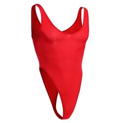 FYMNSI Herren Body Kompression Durchsichtig Stringbody Ärmellos Männerbody Unterhemd Unterwäsche Muskel Shirt High Cut Wrestling Tank Top Leotard Einteiler Dessous Nachtwäsche Overall Rot von FYMNSI