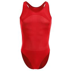 FYMNSI Herren Body Rückenfrei Kompression Durchsichtig Stringbody Ärmellos Männerbody Unterwäsche Muskel Shirt High Cut Wrestling Unterhemd Leotard Einteiler Dessous Nachtwäsche Bodywear Rot von FYMNSI