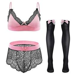 FYMNSI Herren Sissy Dessous Männer Unterwäsche Set Crossdresser Transparent Spitzen BH Top String Tanga Slip mit Lange Strümpfe 3tlg Reizwäsche Erotik Unterhose Nachthemden Negligee Rosa + Schwarz 3XL von FYMNSI