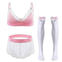 FYMNSI Herren Sissy Dessous Männer Unterwäsche Set Crossdresser Transparent Spitzen BH Top String Tanga Slip mit Lange Strümpfe 3tlg Reizwäsche Erotik Unterhose Nachthemden Negligee Rosa + Weiß XL von FYMNSI