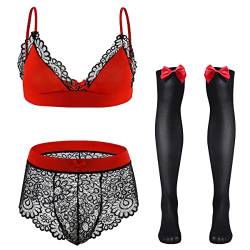 FYMNSI Herren Sissy Dessous Männer Unterwäsche Set Crossdresser Transparent Spitzen BH Top String Tanga Slip mit Lange Strümpfe 3tlg Reizwäsche Erotik Unterhose Nachthemden Negligee Schwarz + Rot XL von FYMNSI