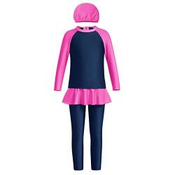 FYMNSI Kinder Baby Mädchen Muslimischen Badeanzug Modest Islamischen Ganzkörper Full Cover Langarm Top Hose Hut Burkini Set Wassersport Surfen Outfit Bademode Schwimmanzug Marineblau 5-6 Jahre von FYMNSI