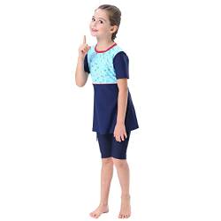 FYMNSI Kinder Mädchen Muslimischen Badeanzug Burkini Modest Islamischen Ganzkörper Full Cover Kurzarm Top Shorts 2er Set Wassersport Surfen Outfit Bademode Schwimmanzug Muslim Swimwear Blau 5-6 Jahre von FYMNSI