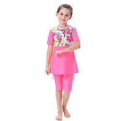 FYMNSI Kinder Mädchen Muslimischen Badeanzug Burkini Modest Islamischen Ganzkörper Full Cover Kurzarm Top Shorts 2er Set Wassersport Surfen Outfit Bademode Schwimmanzug Muslim Swimwear Rose 4-5 Jahre von FYMNSI