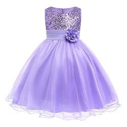 FYMNSI Kinder Mädchen Pailletten Kleid Blumenmädchen Tüllkleid Hochzeit Brautjungfer Tütü Prinzessin Kurzes Partykleid Kleinkinder Geburtstagskleid Ballkleid Ärmellos Sommerkleid Lila 6-7 Jahre von FYMNSI