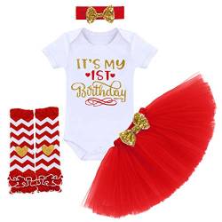 FYMNSI Kleinkinder Baby Mädchen 1. Geburtstag Party Outfit Prinzessin Kleid Baumwolle Kurzarm Strampler Tüll Tütü Rock Pailletten Stirnband Beinwärmer Set 4tlg Fotoshooting Kostüm Geschenk Rot 1 Jahr von FYMNSI