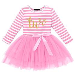 FYMNSI Kleinkinder Baby Mädchen 2 Jahre Geburtstag Party Kleid Gestreift Tüllkleid Langarm Baumwolle Prinzessin Tütü Festkleid Streifen Herbstkleid Freizeit Fotoshooting Bekleidung Rosa von FYMNSI