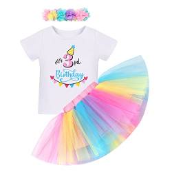 FYMNSI Kleinkinder Baby Mädchen 3. Dritter Geburtstag Outfit Baumwolle Kurzarm T-shirt Tops Prinzessin Regenbogen Tüll Tütü Rock Blumen Stirnband Set 3 Jahre Geburtstagsparty Kleid Fotoshooting Bunt von FYMNSI