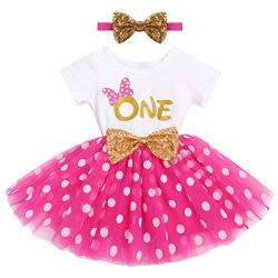 FYMNSI Kleinkinder Baby Mädchen Erster Geburtstag Kleid Kurzarm Tutu Tüll Gepunktet Rock mit Pailletten Schleife Stirnband 2tlg Bekleidungsset Prinzessin Partykleid Fotoshooting Rose von FYMNSI