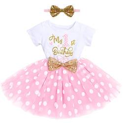 FYMNSI Kleinkinder Baby Mädchen Mein 1. Geburtstag Kleid Kurzarm Tutu Tüll Gepunktet Rock mit Pailletten Schleife Stirnband 2tlg Bekleidungsset Prinzessin Partykleid Fotoshooting Rosa von FYMNSI