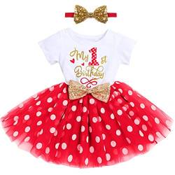 FYMNSI Kleinkinder Baby Mädchen Mein 1. Geburtstag Kleid Kurzarm Tutu Tüll Gepunktet Rock mit Pailletten Schleife Stirnband 2tlg Bekleidungsset Prinzessin Partykleid Fotoshooting Rot von FYMNSI