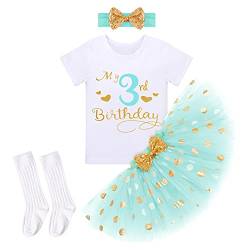 FYMNSI Kleinkinder Mädchen Mein 3. Dritter Geburtstag Party Outfit Baumwolle Kurzarm T-Shirt Tops Prinzessin Tupfen Tütü Tüll Rock Pailletten Schleife Stirnband Socken 4tlg Bekleidungsset Grün 3 Jahre von FYMNSI