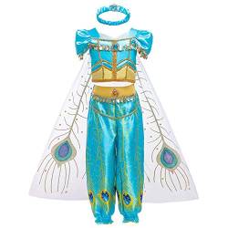 FYMNSI Mädchen Jasmin Kostüm Aladdin Prinzessin Karneval Cosplay Weihnachten Halloween Party Verkleidung Kinder Blau Pailletten Schulterfrei Ärmellos Top Hose Klassisch Ankleiden Outfit 4-5 Jahre von FYMNSI