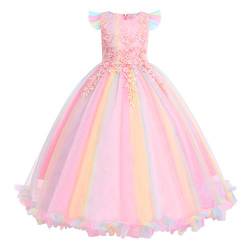 FYMNSI Mädchen Kleid Kinder Party Hochzeit Prinzessin Festzug Tutu Tüll Kleider Stickerei Blumenmädchenkleid Abschlussball Ballkleid Hochzeitskleid Geburtstagskleid Abendkleid Regenbogen 7-8 Jahre von FYMNSI