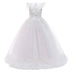 FYMNSI Mädchen Kleid Kinder Party Hochzeit Prinzessin Festzug Tutu Tüll Kleider Stickerei Blumenmädchenkleid Abschlussball Ballkleid Hochzeitskleid Geburtstagskleid Abendkleid Weiß 11-12 Jahre von FYMNSI