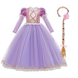 FYMNSI Mädchen Sofia Rapunzel Prinzessin Kostüm Kinder Cosplay Langarm Langes Kleid mit Perücke für Karneval Fasching Halloween Weihnachten Geburtstag Party Ankleiden Verkleidung Lila 11-12 Jahre von FYMNSI