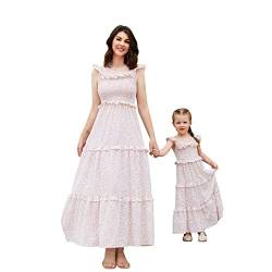 FYMNSI Mutter Tochter Kleid Maxikleider Partnerlook Mama und Mich Kleidung Sommer Outfits Blumenmuster Boho Lang Strandkleid Familien Partykleid Freizeitkleid Prinzessinnen Kleider Rosa Gebl?mt M von FYMNSI