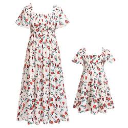 FYMNSI Mutter Tochter Kleid Maxikleider Partnerlook Mama und Mich Kleidung Sommer Outfits Blumenmuster Boho Lang Strandkleid Familien Partykleid Freizeitkleid Prinzessinnen Kleider Wei? Blumen XL von FYMNSI