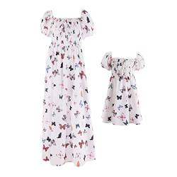 FYMNSI Mutter Tochter Kleid Maxikleider Partnerlook Mama und Mich Kleidung Sommer Outfits Kurzarm Boho Langes Strandkleid Familien Passenden Partykleid Elegante Freizeitkleid Schmetterling 2 Jahre von FYMNSI