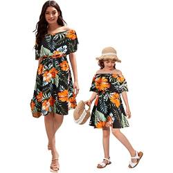 FYMNSI Mutter Tochter Partnerlook Kleid Damen Mädchen Schulterfrei Knielange Strandkleid Boho Freizeitkleid Blumen Gedruckt Festkleid Partykleid Mama und Mich Passend Familie Kleidung Hawaii M von FYMNSI