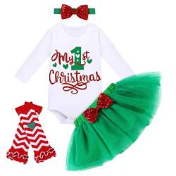 FYMNSI Neugeborenes Baby Mädchen Mein Erstes Weihnachtsoutfit Weihnachten Party Kleidung Baumwolle Langarm Strampler Bodysuit Prinzessin Tütü Tüll Rock Beinwärmer Stirnband 4tlg Set Grün 0-3 Monate von FYMNSI