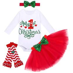 FYMNSI Neugeborenes Baby Mädchen Mein Erstes Weihnachtsoutfit Weihnachten Party Kleidung Baumwolle Langarm Strampler Bodysuit Prinzessin Tütü Tüll Rock Beinwärmer Stirnband 4tlg Set Rot 12-18 Monate von FYMNSI