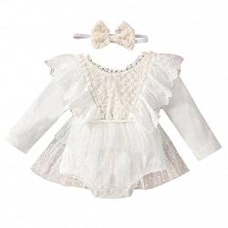 FYMNSI Neugeborenes Baby Mädchen Spitzen Strampler Rüschen Langarm Body Einteiler Prinzessin Bodysuit Tütü Tüll Kleid mit Stirnband 1. Geburtstag Outfit Taufe Fotoshooting Kostüme Weiß 3-6 Monate von FYMNSI