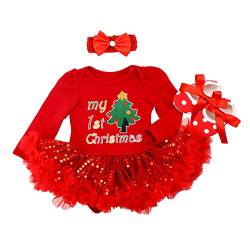 FYMNSI Neugeborenes Baby Mädchen Weihnachtsoutfit Mein erstes Weihnachten Bekleidungsset Prinzessin Tütü Strampler Body Kleid mit Stirnband Schuhe 3tlg Xmas Party Kleidung Outfit für 0-3 Monate von FYMNSI