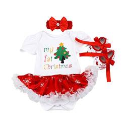 FYMNSI Neugeborenes Baby Mädchen Weihnachtsoutfit Mein erstes Weihnachten Bekleidungsset Prinzessin Tütü Strampler Body Kleid mit Stirnband Schuhe 3tlg Xmas Party Kleidung Outfit für 6-12 Monate von FYMNSI