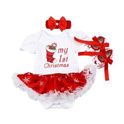 FYMNSI Neugeborenes Baby Mädchen Weihnachtsoutfit Mein erstes Weihnachten Bekleidungsset Prinzessin Tütü Strampler Body Kleid mit Stirnband Schuhe 3tlg Xmas Party Kleidung Outfit für 6-12 Monate von FYMNSI