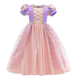 FYMNSI Rapunzel Kostüm Kinder Mädchen Sofia Prinzessin Cosplay Maxikleid für Karneval Fasching Halloween Weihnachten Geburtstag Party Ankleiden Kurzarm Langes Abendkleider Violett + Rosa 3-4 Jahre von FYMNSI