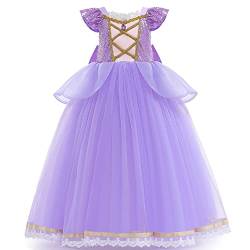 FYMNSI Rapunzel Kostüm Kinder Mädchen Sofia Prinzessin Karneval Cosplay Langes Tüll Kleid Abendkleid Festkleid für Fasching Halloween Weihnachten Geburtstag Party Ankleiden Verkleidung Lila 4-5 Jahre von FYMNSI