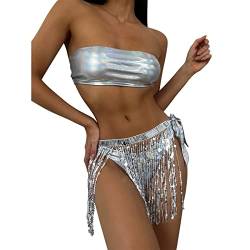 FYMNSI Rave Outfits für Damen 3-teiliges Bikini Set Quasten Rock Metallic Badeanzug Holografisches Bandeau Oberteil für Festival Disco Tanz Clubwear Halloween Motto Party Kostüm Silber Bandeau Set M von FYMNSI