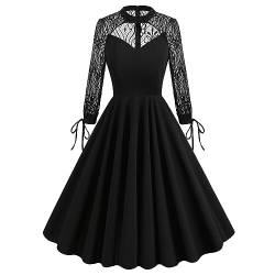 FYMNSI Rockabilly Kleider Damen Retro 1950er Cocktailkleid Spitze Langarm Midi Festliche Festkleider für Halloween Hexe Kostüm Gotik Vintage Abendkleid Partykleid Faltenrock Herbst Winter Schwarz XL von FYMNSI