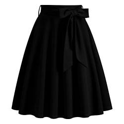 FYMNSI Rockabilly Rock Damen Vinatge 1950er Damenrock Sommer Knielang Retro Festliche Röck mit Gürtel Faltenrock Tellerrock Elastische Hohe Taille Swing Plissee A-Linie Glockenrock Schwarz S von FYMNSI