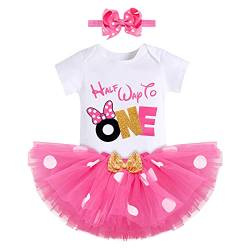 FYMNSI Säugling Baby Mädchen 1/2 Halber Geburtstag Party Outfit Prinzessin Partykleid Kurzarm Strampler Gepunktet Tütü Tüllrock Stirnband Fotoshooting Bekleidungsset Rose Half Way to One 6 Monate von FYMNSI