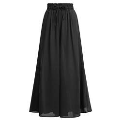 FYMNSI Sommerhose Damen Leicht, Damen Breites Bein Hose Elegant Sommer Hosenrock Lang Culottes Hosen Hohe Taille Chiffon Plissee Palazzo Hose mit Gummizug Einfarbig Freizeithose mit Tasche Schwarz XL von FYMNSI