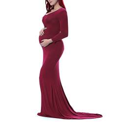 FYMNSI Umstandskleid Schwangere Elegante Fotografie Stützen Mutterschaft Langarm Langes Abendkleid Schwangerschafts Damen Fotoshooting Umstandsmode Kleidung Hochzeitskleid Maxikleid Herbst Weinrot XL von FYMNSI