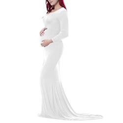 FYMNSI Umstandskleid Schwangere Elegante Fotografie Stützen Mutterschaft Langarm Langes Abendkleid Schwangerschafts Damen Fotoshooting Umstandsmode Kleidung Hochzeitskleid Maxikleid Herbst Weiß M von FYMNSI