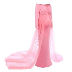 FYMNSI Umstandskleid Schwangere Fotoshooting Kleid Schwangerschaftskleid Fotografie Stützen Mutterschaft Schulterfreies Langarm Tüll Langes Abendkleid Damen Hochzeit Fotoshooting Umstandsmode Rosa M von FYMNSI