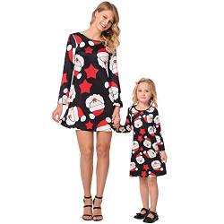 FYMNSI Weihnachten Mutter Tochter Partnerlook Kleid Damen Mädchen Langarm Weihnachtskleid Minikleid Weihnachtsmann Gedruckt A-Linie Festkleid Mama Baby Passend Familie Kleidung Abendkleid 6-7 Jahre von FYMNSI