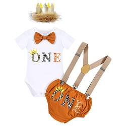 FYMNSI Wild One Baby Jungen 1. Geburtstag Party Outfit Baumwolle Kurzarm Strampler Body Shorts Kurzes Hose Y-Form Hosenträger König Krone Stirnband Bekleidungsset Fotoshooting Kostüme Braun 12-18M von FYMNSI