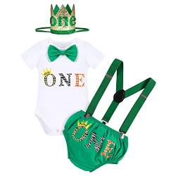 FYMNSI Wild One Baby Jungen 1. Geburtstag Party Outfit Baumwolle Kurzarm Strampler Body Shorts Kurzes Hose Y-Form Hosenträger König Krone Stirnband Bekleidungsset Fotoshooting Kostüme Grün 6-12 Monate von FYMNSI