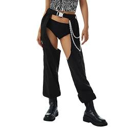 Frauen Schnalle Offener Schritt Hose Cargohose Damen Baggy Hose Y2K Track Pants Streetwear Sexy Rave Chaps Ausgehöhlt Cargo Hosen Durchsichtige Lange Rave Leggings Musikfestival Clubwear Schwarz XL von FYMNSI