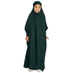 Gebetskleidung F?r Kinder, Einteiliges Muslimisches Kleid f?r M?dchen, Langarm Islamisches Gebetskleid mit Hijab Langes Abaya Muslim Kaftan Ramadan Dubai Arabisch T?rkische Robe Dunkelgr?n 12-13J von FYMNSI