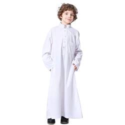 Gebetskleidung für Kinder Muslimische Jungen Robe Rollkragen Knopfleiste Abaya Kaftan Islamische Gebetskleidung Arabischer Mittlerer Osten Dubai Langarm Jubba Thobe Muslim Ramadan Weiß 13-14 Jahre von FYMNSI