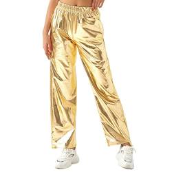 Gl?nzende Metallic Hose Damen Glanz Jogginghose High Waist 80er 90er Jahre Kost?m Lack Leder Wet Look Hip Hop Clubwear Holografische Rave Hose Jogginghose Streetwear Halloween Cosplay Gold L von FYMNSI